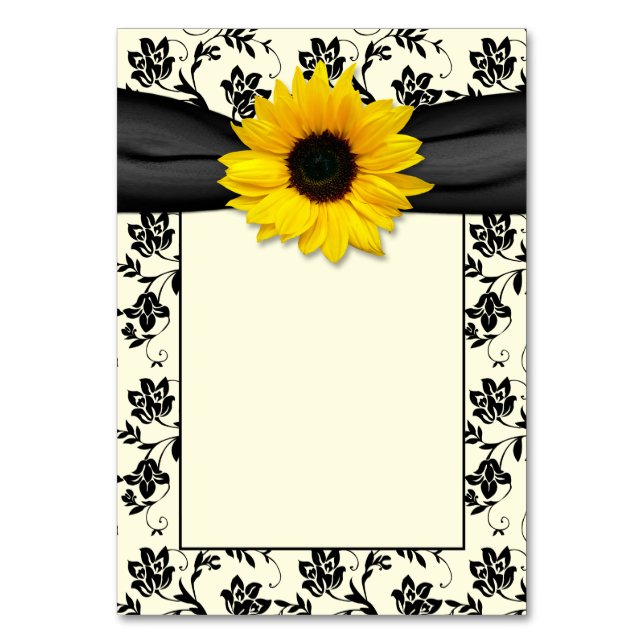 Tarjeta De Mesa Yellow Black Cream Damask Sunflower Boda (Anverso)