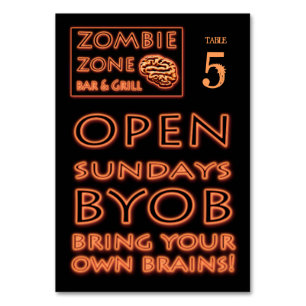 Tarjeta De Mesa Zombie Zone BYOB Trae tus propios cerebros Hallowe