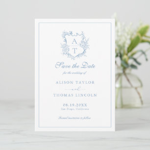 Tarjeta de Monograma Crest Dusty Blue para Guardar