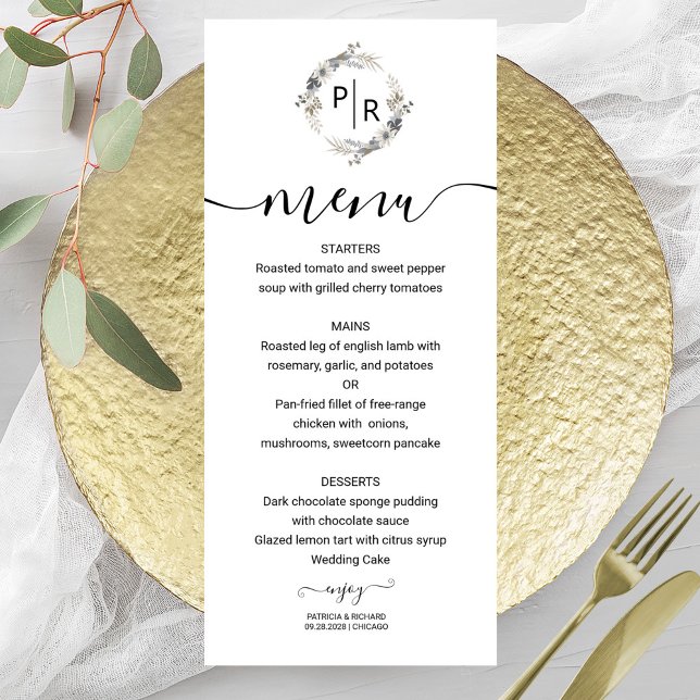 Tarjeta de Monograma Floral de Menú de Boda Elegan (Subido por el creador)