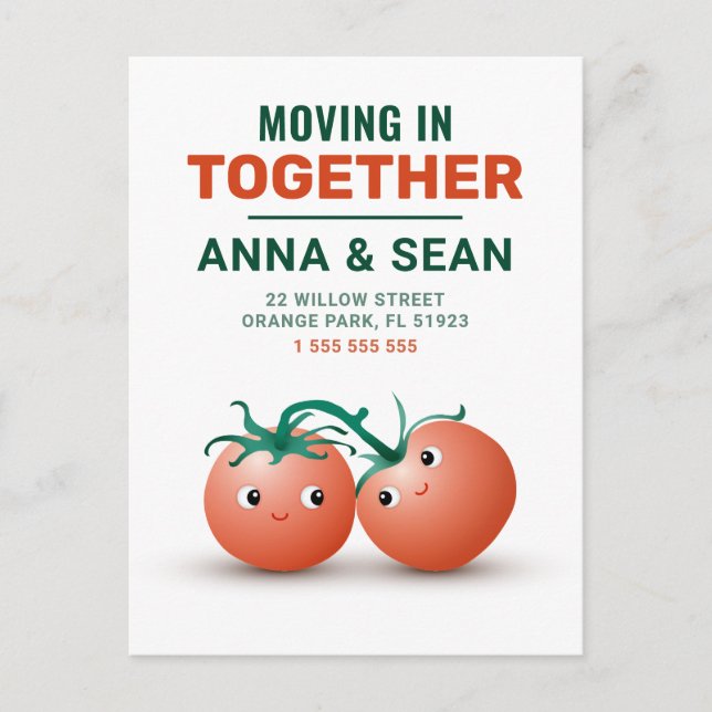 Tarjeta de mudanza con pareja de tomates adorables (Anverso)