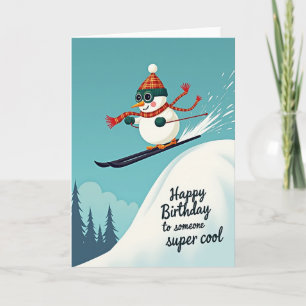 Tarjeta de muñeco de nieve alegre esquiando