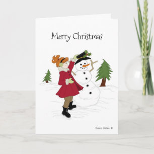 Tarjeta de muñeco de nieve y niña con abrigo rojo