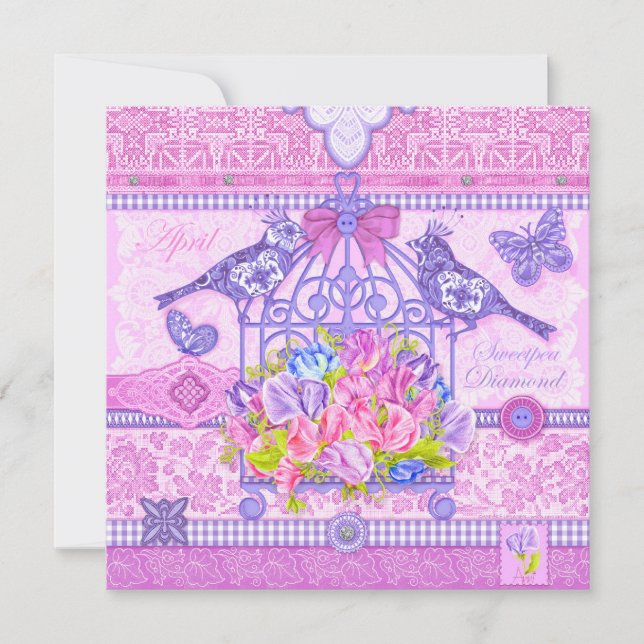 Tarjeta de natalidad Flower and Gem April Birdcage (Anverso)