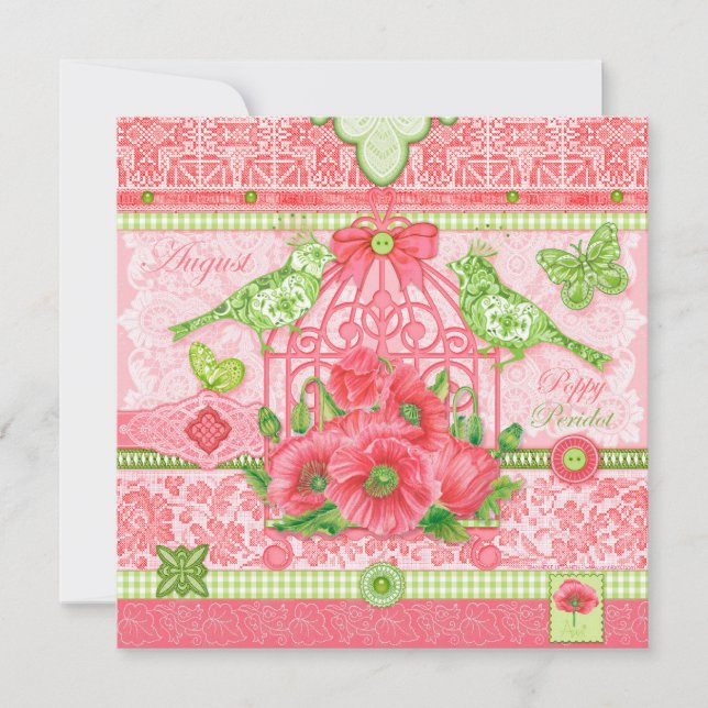 Tarjeta de natalidad Flower and Gem August Birdcag (Anverso)