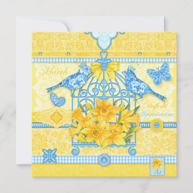 Tarjeta de natalidad Flower and Gem March Birdcage (Anverso)