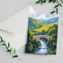 Tarjeta de naturaleza de acuarela verde del puente