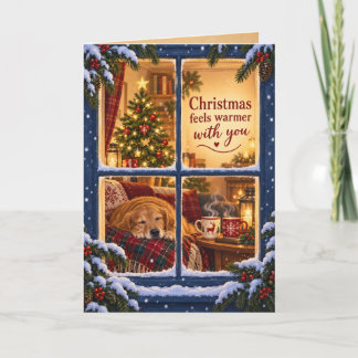 Tarjeta de Navidad acogedora de perro y árbol junt