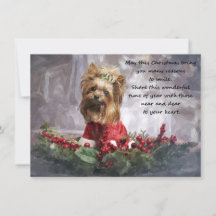 Tarjeta de Navidad acuarela con Yorkshire Terrier