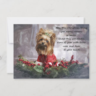 Tarjeta de Navidad acuarela con Yorkshire Terrier