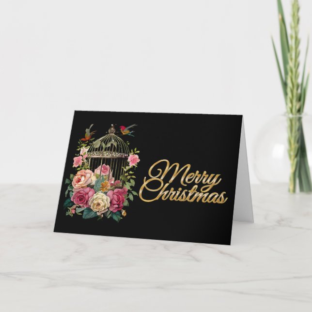 Tarjeta de navidad acuarela Floral Black Merry (Anverso)