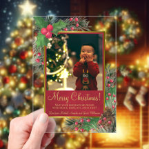 Tarjeta de Navidad alegre con acebo y pino