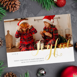 Tarjeta de Navidad alegre con foto de familia con