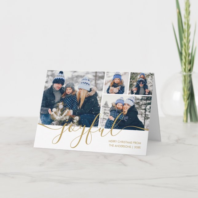 Tarjeta de Navidad alegre con guión dorado para 4  (Anverso)
