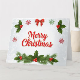 Tarjeta de Navidad alegre de acebo y copos de niev