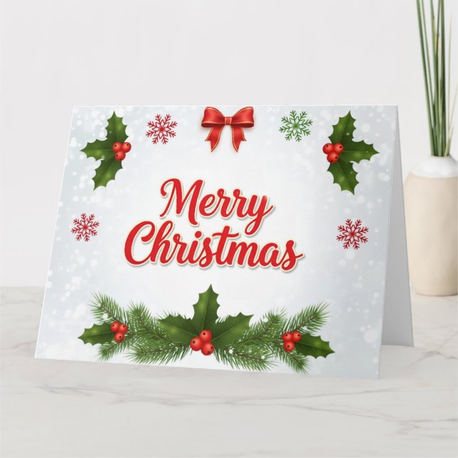 Tarjeta de Navidad alegre de acebo y copos de niev (Anverso)