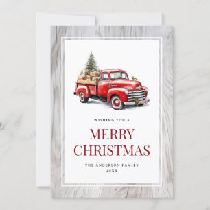 Tarjeta de Navidad alegre de camión rojo retro de