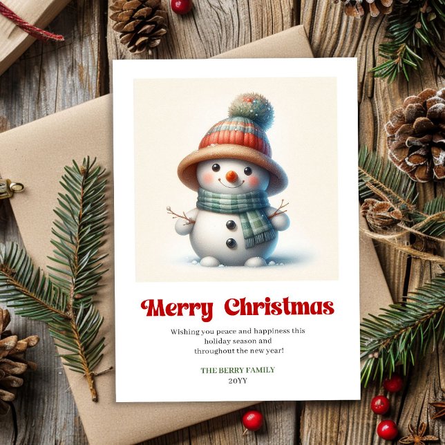 Tarjeta de Navidad alegre de hombre de nieve en ac (Joyful Christmas snowman watercolor holiday greeting printable)