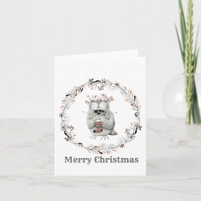 tarjeta de navidad alegre de invierno de owl acuar (Anverso)