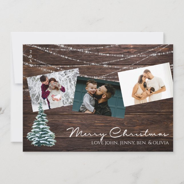 Tarjeta de Navidad alegre de madera rústica con 3  (Anverso)