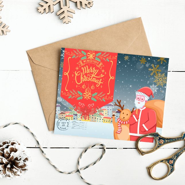 Tarjeta de Navidad alegre desde el Polo Norte (A Joyful Christmas Postcard from North Pole on a table)