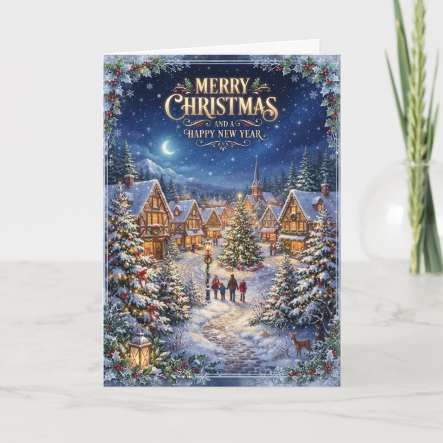 Tarjeta de Navidad Alegre Pueblo Nevado (Anverso)