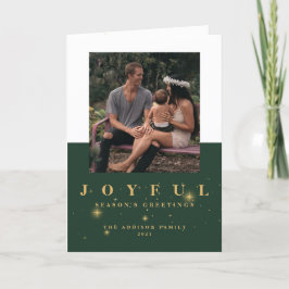Tarjeta de Navidad alegre verde y dorada con fotos