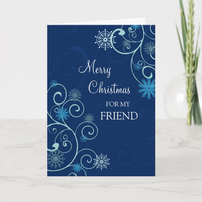 Tarjeta de Navidad Amigo Merry Blue Snowflakes (Anverso)