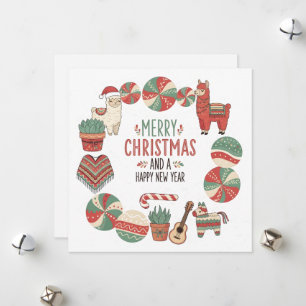 Tarjeta de Navidad Andina de Llama Adorable y Ponc