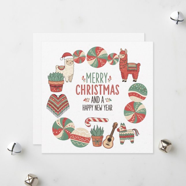 Tarjeta de Navidad Andina de Llama Adorable y Ponc (Anverso/Reverso In Situ)