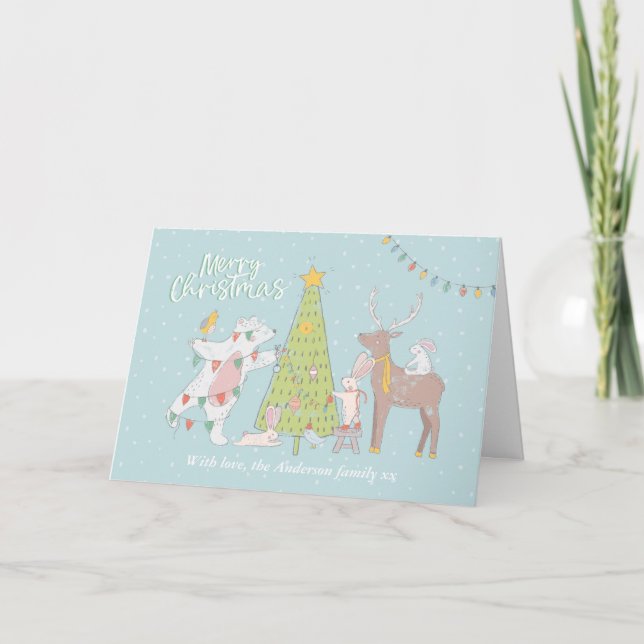 Tarjeta de Navidad Animales decorando un árbol (Anverso)