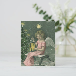 Tarjeta de Navidad antigua Ángel y árbol de Navi