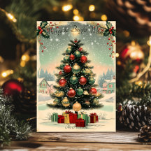 Tarjeta de Navidad antigua con árbol festivo y nie