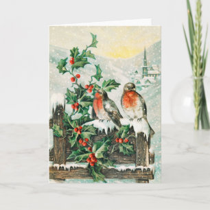 Tarjeta de Navidad antigua con petirrojos, acebo,