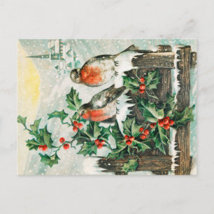 Tarjeta de Navidad antigua con petirrojos, acebo,