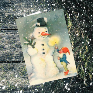 Tarjeta de Navidad antigua de Elfo y Muñeco de Nie