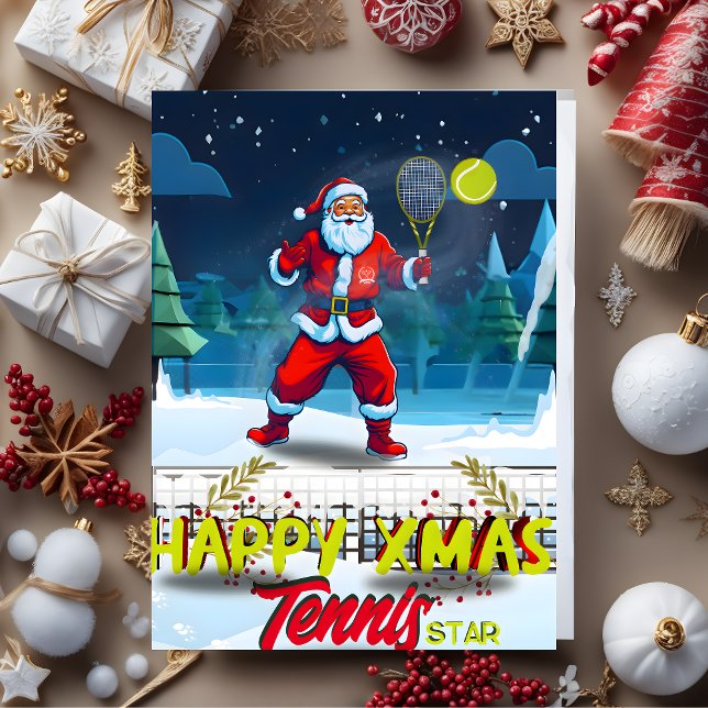 Tarjeta de Navidad antigua de Papá Noel jugando te (Santa Claus Playing Tennis Vintage, Happy Xmas Tennis Star Christmas Card)