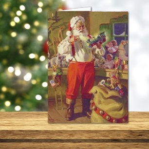 Tarjeta de Navidad antigua de Santa y juguetes
