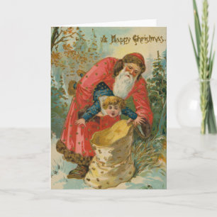 Tarjeta de Navidad antigua, Papá Noel, Niño travie