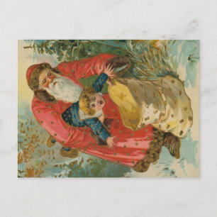 Tarjeta de Navidad antigua, Papá Noel, Niño travie
