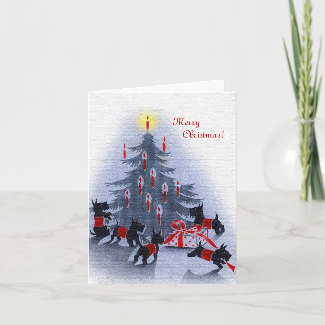 Tarjeta de Navidad antigua, perros Scottie (Anverso)