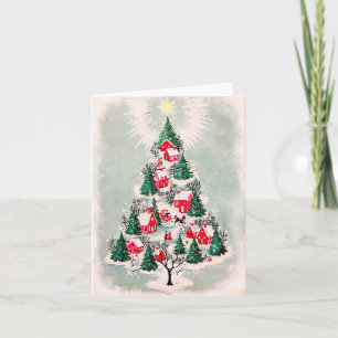 Tarjeta de Navidad antigua - Pueblo de árbol de Na