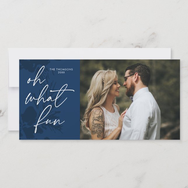 Tarjeta de Navidad azul brillante Oh Qué Diversión (Anverso)