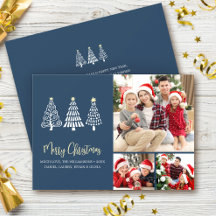 Tarjeta de Navidad Azul con Árboles Caprichosos y
