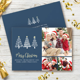 Tarjeta de Navidad Azul con Árboles Caprichosos y