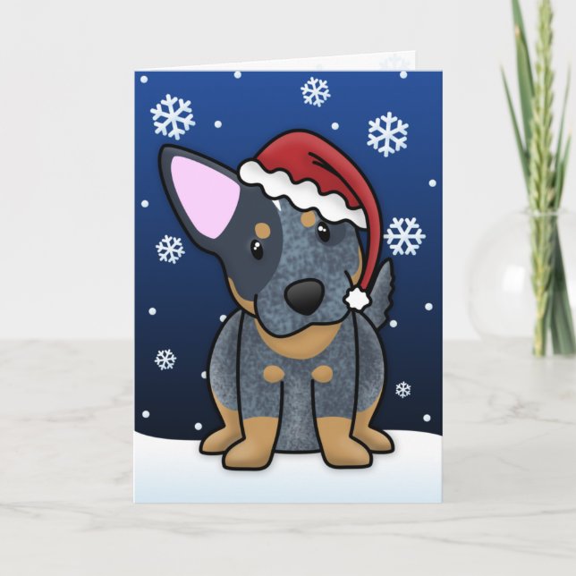 Tarjeta de Navidad azul de Kawaii Heeler (Anverso)