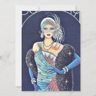 Tarjeta de Navidad azul de mujer vintage Art Deco