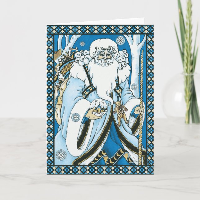 Tarjeta de Navidad azul de Santa del vintage (Anverso)