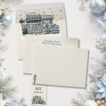 Tarjeta de Navidad azul verde que combina con pueb