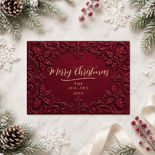 Tarjeta de Navidad barroca vintage de color burgun